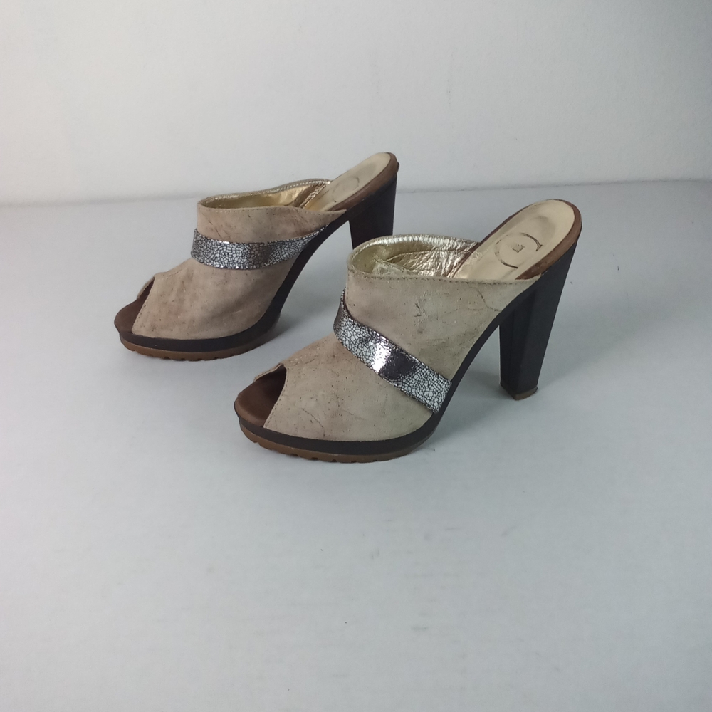 Roberto Cavalli Cream Suede High Heel Mules Metallic Strap